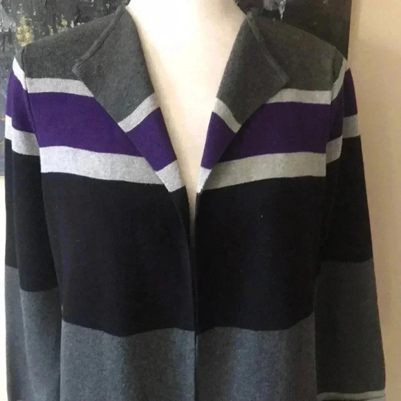 Calvin Klein Open Front Color Block Cotton Blend Striped Long Cardigan- Size MP - Picture 2 of 9